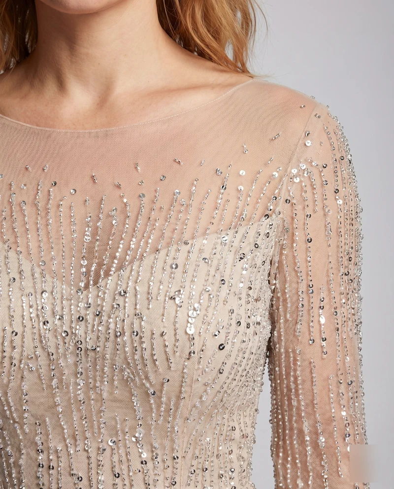 Damen Abend-Cocktailkleid Perlenstickerei Tüllrock Transparent