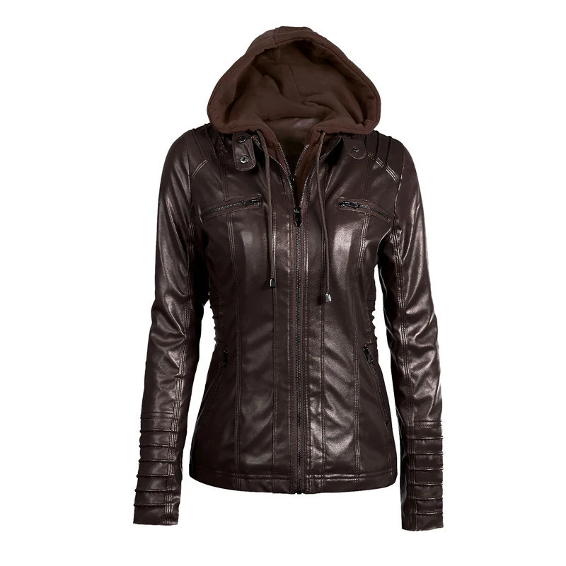 Damen Slim-Fit Kunstlederjacke mit Kapuze, Steppärmeln und Reißverschlusstaschen Nord Taschen