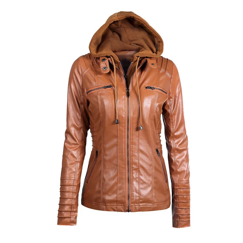 Damen Slim-Fit Kunstlederjacke mit Kapuze, Steppärmeln und Reißverschlusstaschen Nord Taschen