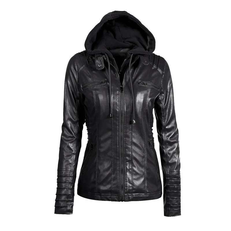 Damen Slim-Fit Kunstlederjacke mit Kapuze, Steppärmeln und Reißverschlusstaschen Nord Taschen