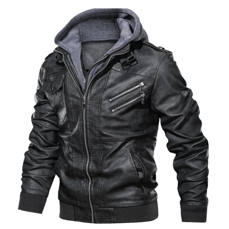 Herren Urbaner Kapuzen-Lederjacke im Bikerstil mit Reißverschluss-Details und Rippbündchen Nord Taschen