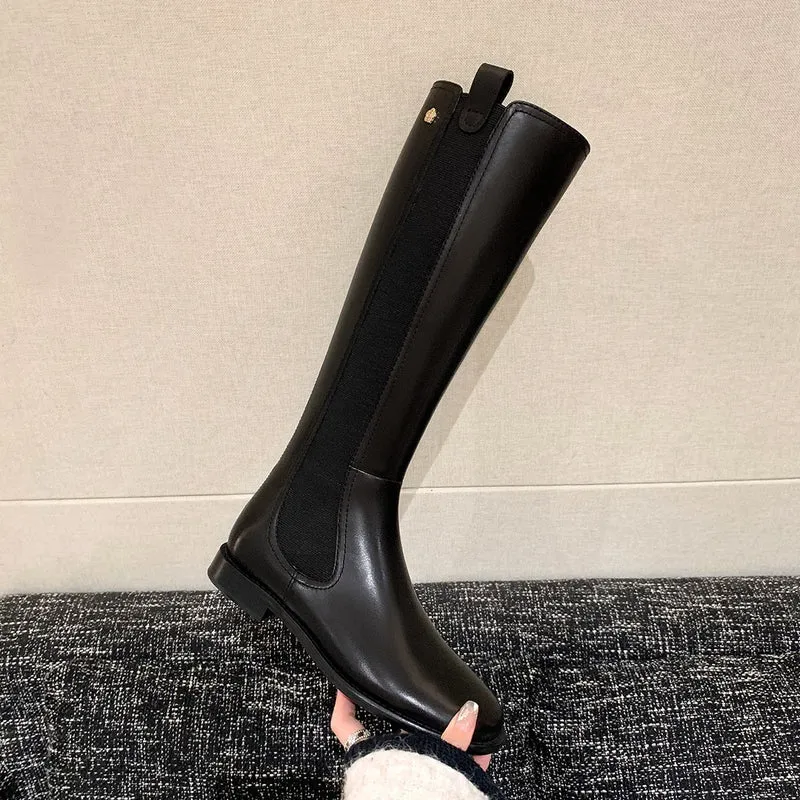 Damen Kniehohe Glattleder-Stiefel im Reitstil mit verdecktem Rückreißverschluss und Stretch-Einsatz Nord Taschen