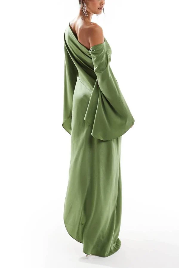 Zayla Satin Asymmetrisches Ein Schulter Glockenärmel Schlitz Maxi Kleid - Arvani