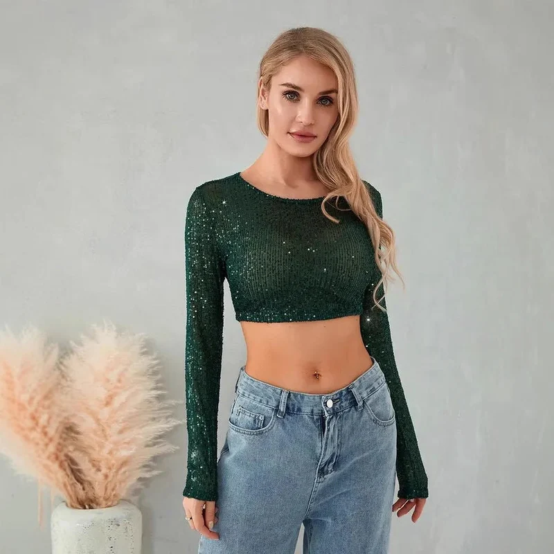 Damen Glitzerndes Langarm-Top mit funkelnden Pailletten