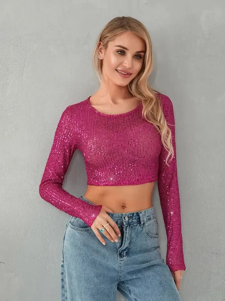 Damen Glitzerndes Langarm-Top mit funkelnden Pailletten