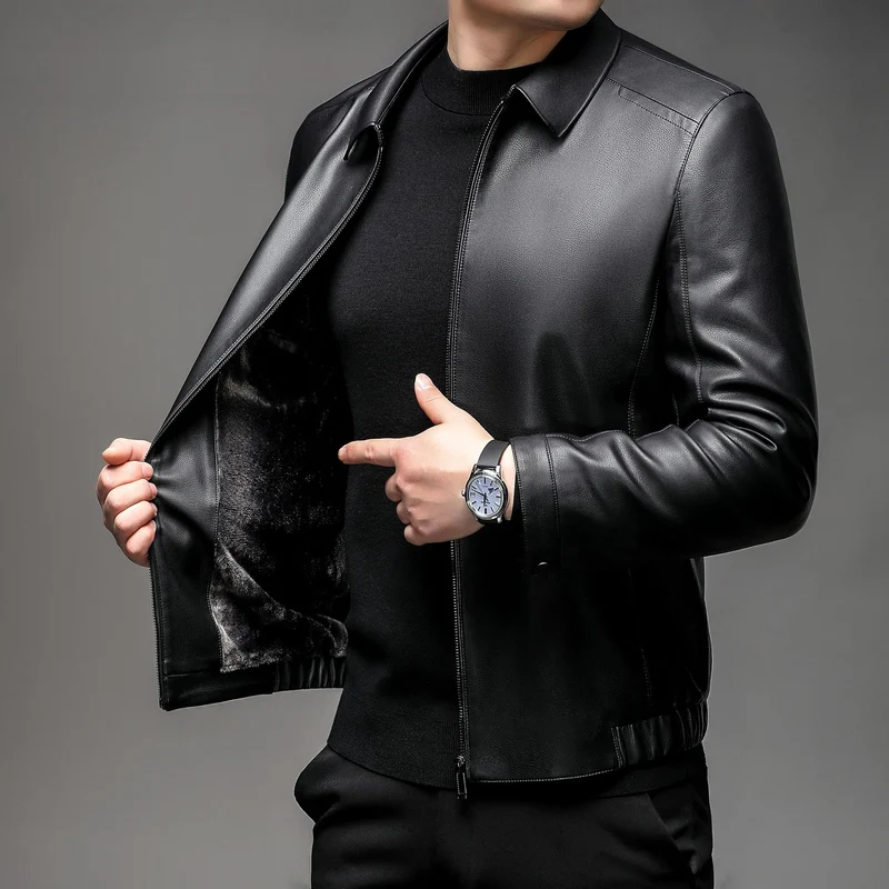 Herren Glatte Kunstlederjacke mit wärmendem Kunstfellfutter, Hemdkragen und elastischem Saum Nord Taschen