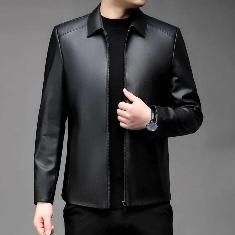 Herren Glatte Kunstleder-Zipjacke mit Hemdkragen und schlanker Silhouette Nord Taschen