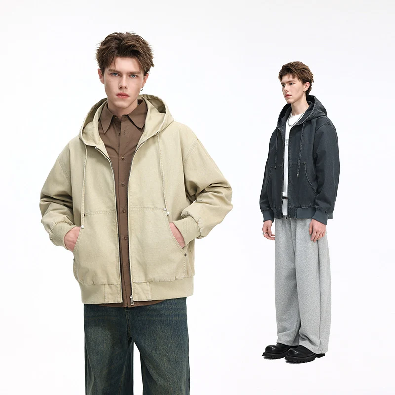 Herren Oversize Kapuzenjacke aus gewaschenem Canvas mit Reißverschluss und Utility-Taschen Nord Taschen