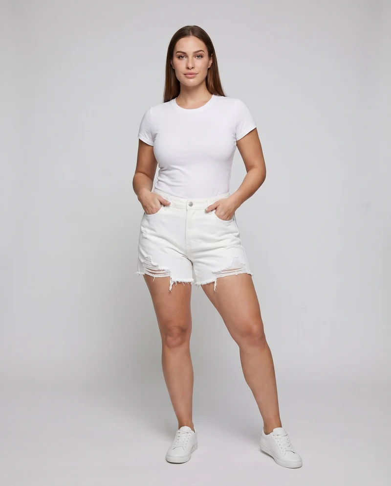 Damen Jeans-Shorts High-Waist Fransen Rissdetails