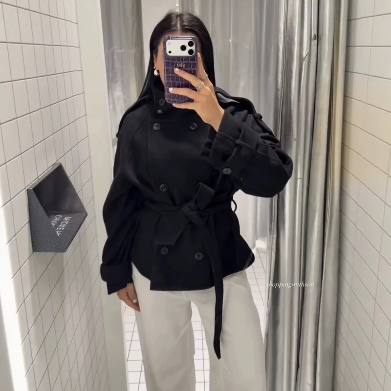 Damen Kurzblouson‑Trenchcoat aus Wollmix mit hohem Stehkragen und Bindegürtel Nord Taschen