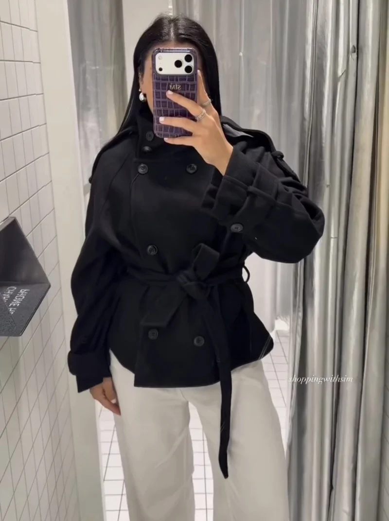 Damen Kurzblouson‑Trenchcoat aus Wollmix mit hohem Stehkragen und Bindegürtel Nord Taschen