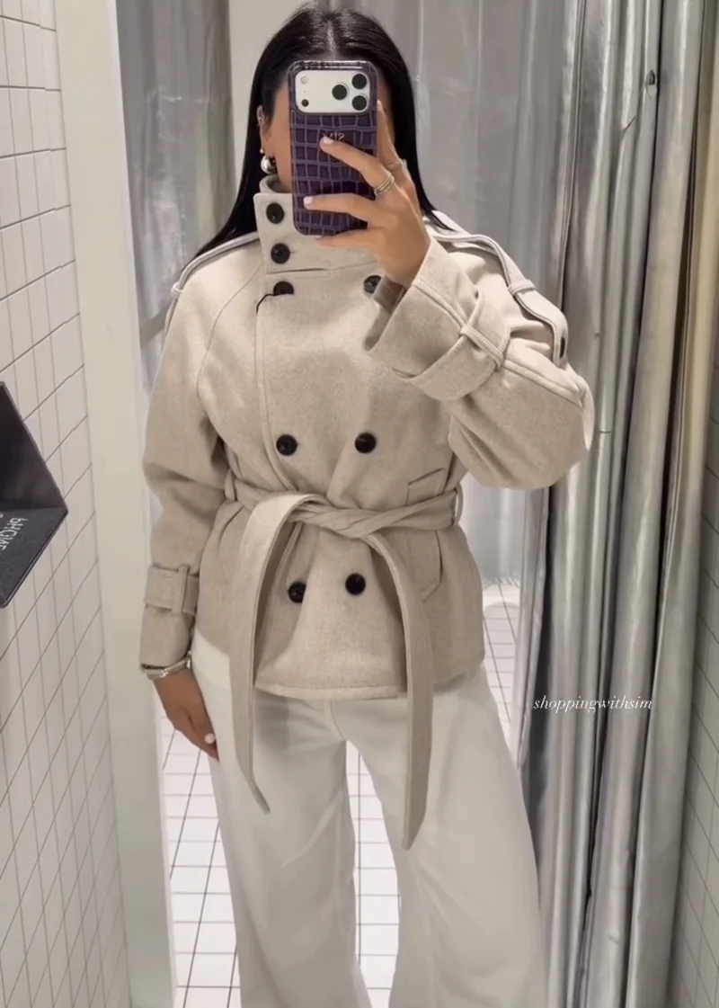 Damen Kurzblouson‑Trenchcoat aus Wollmix mit hohem Stehkragen und Bindegürtel Nord Taschen