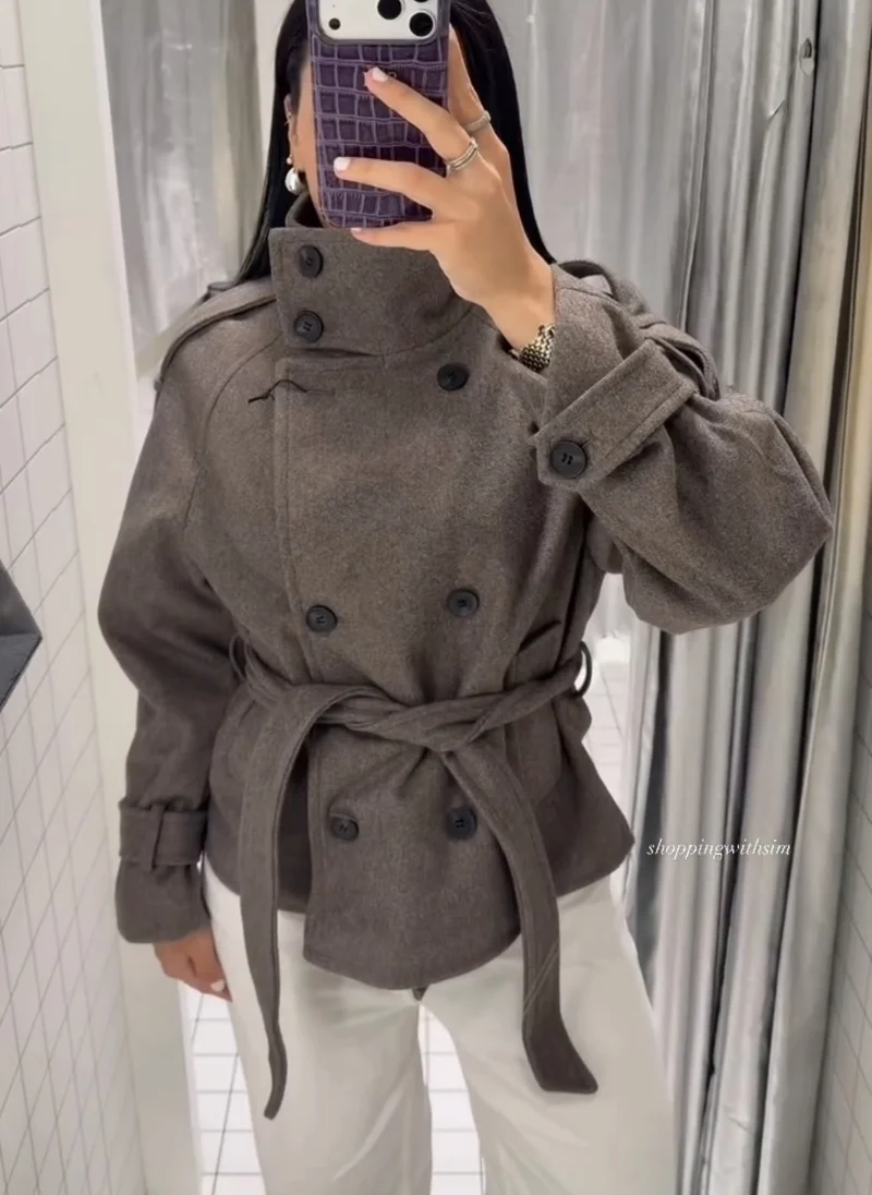 Damen Kurzblouson‑Trenchcoat aus Wollmix mit hohem Stehkragen und Bindegürtel Nord Taschen
