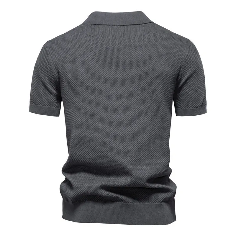 Herren strukturiertes Feinstrickpoloshirt mit offenem Reverskragen