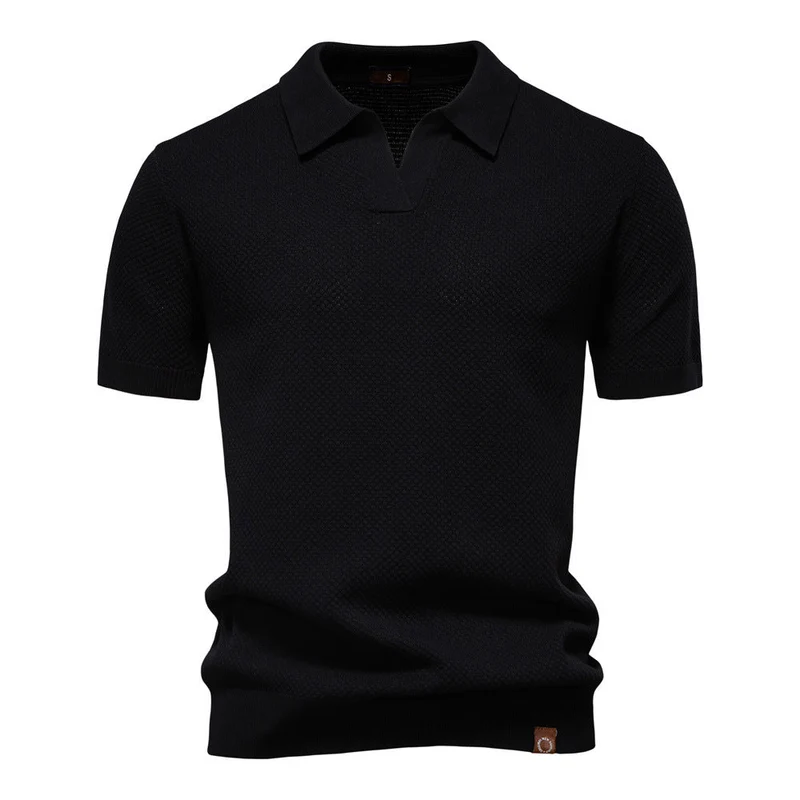 Herren strukturiertes Feinstrickpoloshirt mit offenem Reverskragen