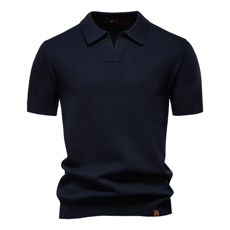 Herren strukturiertes Feinstrickpoloshirt mit offenem Reverskragen