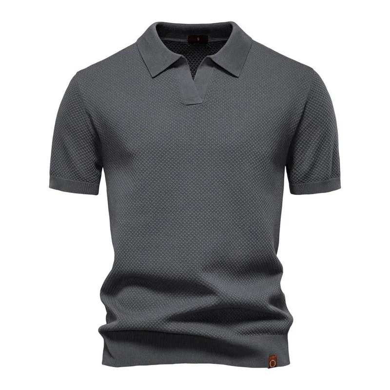 Herren strukturiertes Feinstrickpoloshirt mit offenem Reverskragen