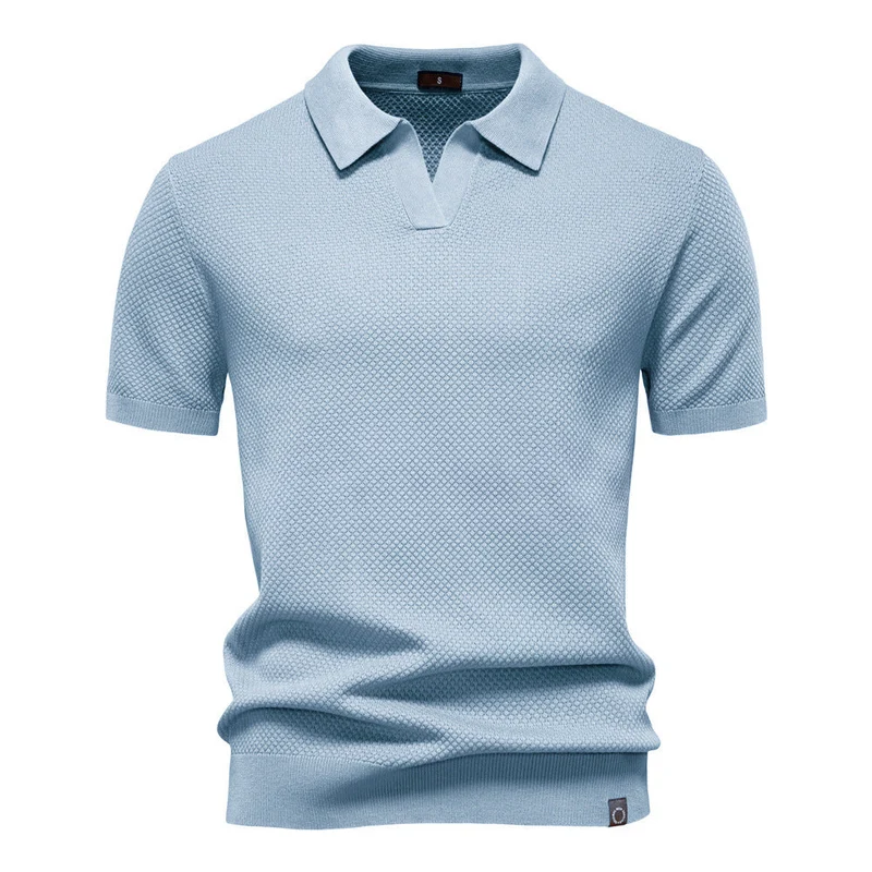 Herren strukturiertes Feinstrickpoloshirt mit offenem Reverskragen