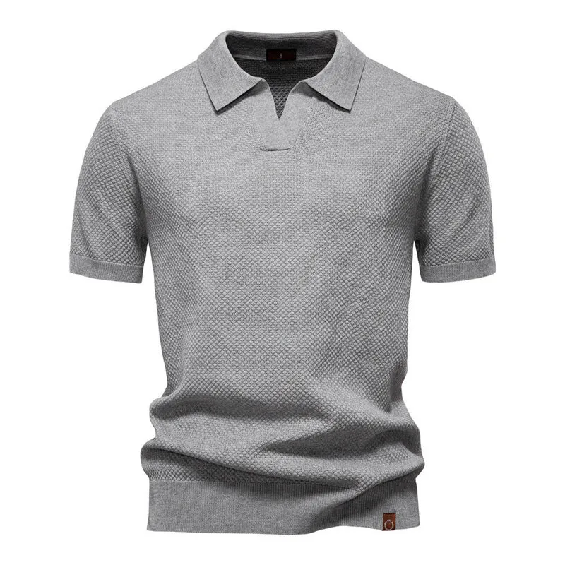 Herren strukturiertes Feinstrickpoloshirt mit offenem Reverskragen