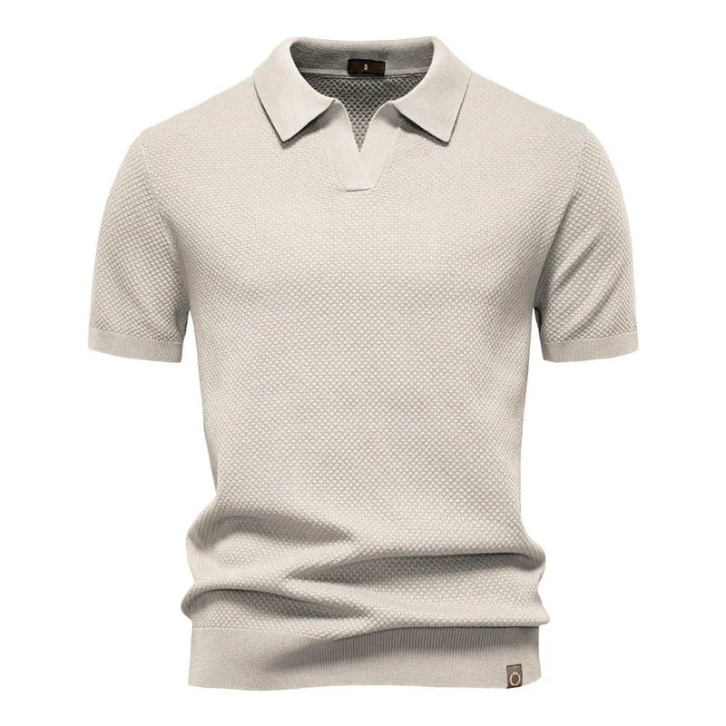 Herren strukturiertes Feinstrickpoloshirt mit offenem Reverskragen