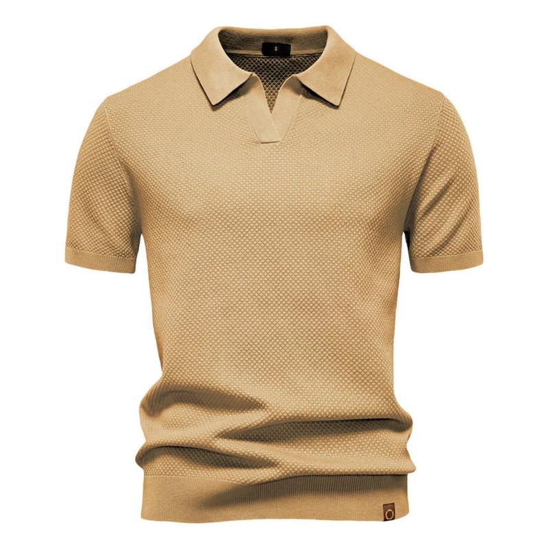 Herren strukturiertes Feinstrickpoloshirt mit offenem Reverskragen