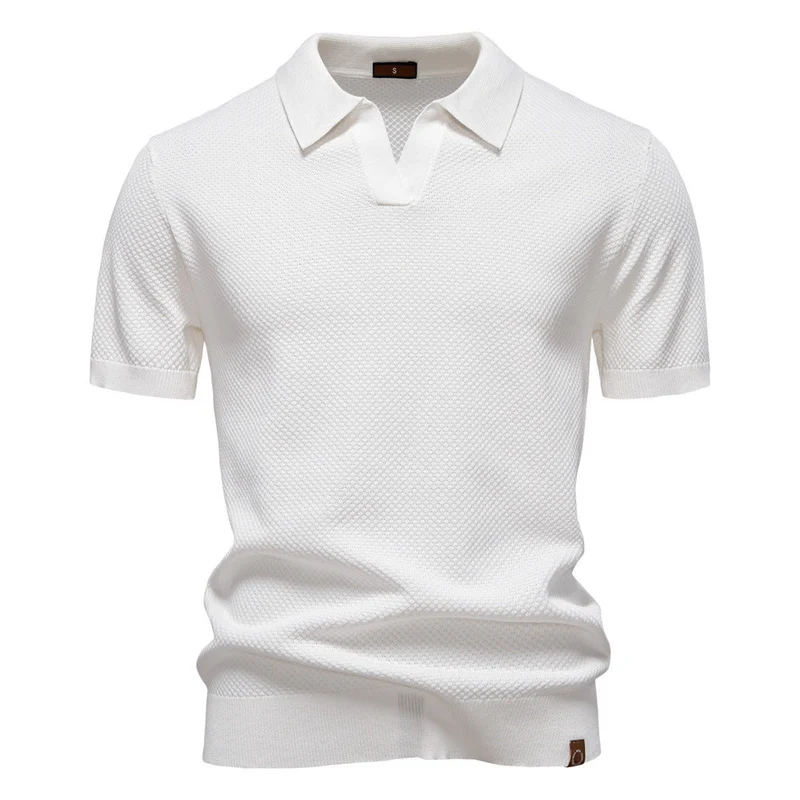 Herren strukturiertes Feinstrickpoloshirt mit offenem Reverskragen