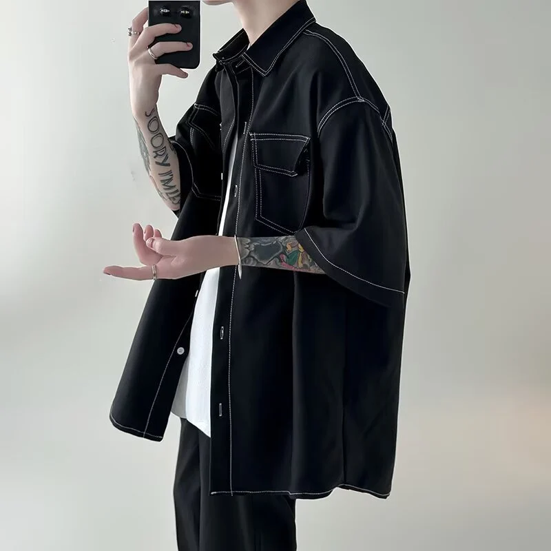 Herren Modisches Oversized Kurzarm-Hemd Nord Taschen