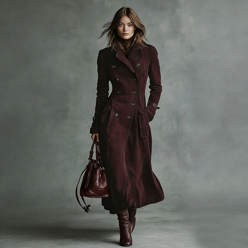 Damen Langer Taillierter Trenchcoat aus Veloursleder‑Optik mit doppelreihiger Knopfleiste und Schnallenmanschetten Nord Taschen