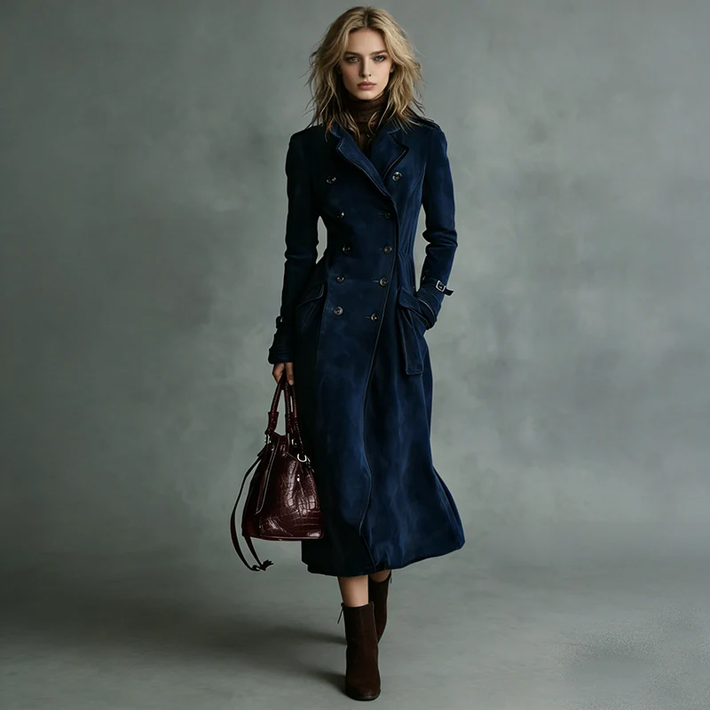 Damen Langer Taillierter Trenchcoat aus Veloursleder‑Optik mit doppelreihiger Knopfleiste und Schnallenmanschetten Nord Taschen