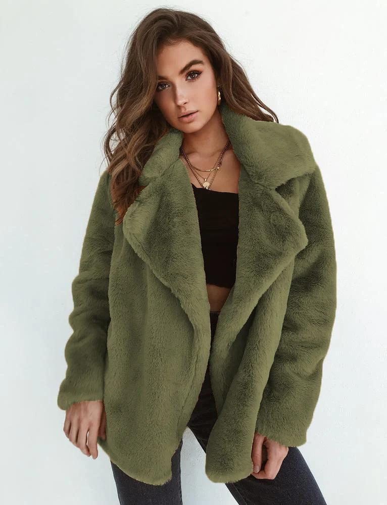 Damen Kuscheliger Oversized Kunstpelz-Mantel mit großem Reverskragen Nord Taschen