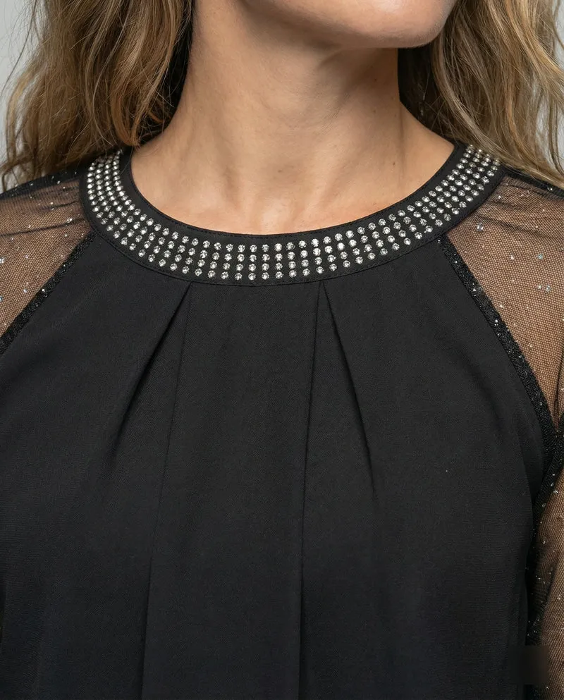 Nord Taschen Damen Mesh-Bluse mit Strassbesatz und transparenten Ärmeln