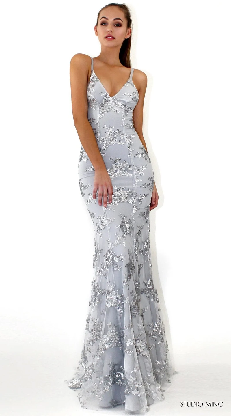 Damen Glamouröses langes Abendkleid mit Pailletten und tiefem V-Ausschnitt