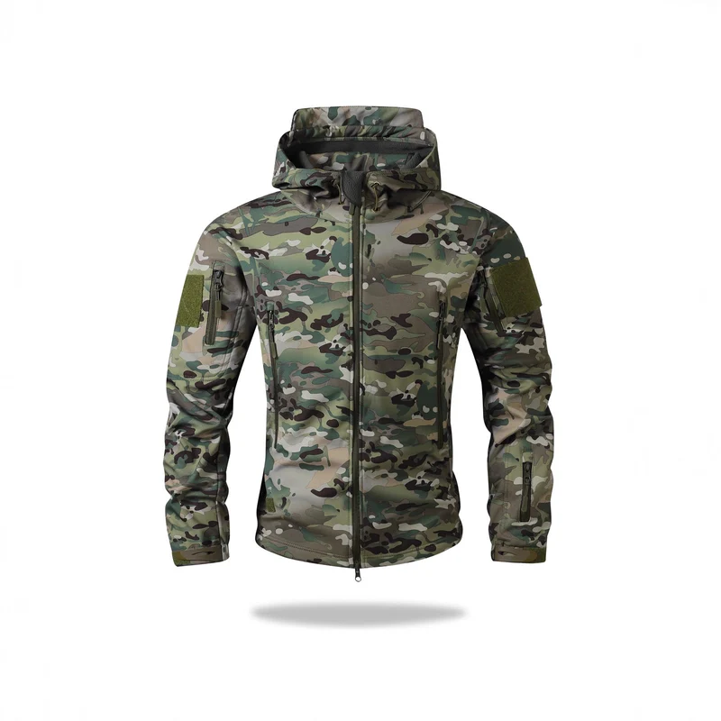 Herren Taktische Softshell-Jacke mit Kapuze, Camouflage-Print und Multifunktions-Taschen Nord Taschen