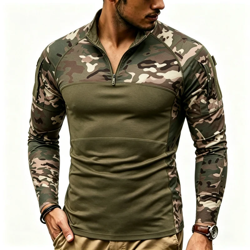 Herren Kompressions-Langarmtop mit Halbzip und taktischem Camouflage-Design Nord Taschen
