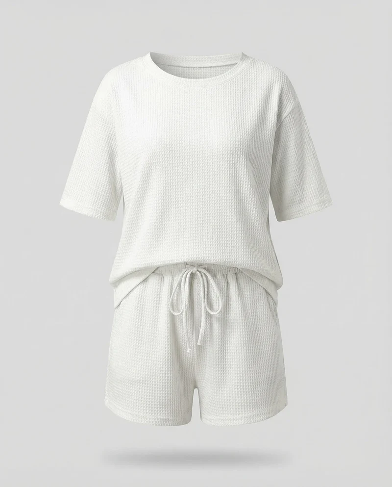 Damen Waffel-Zweiteiler-Set Tunnelzug-Shorts