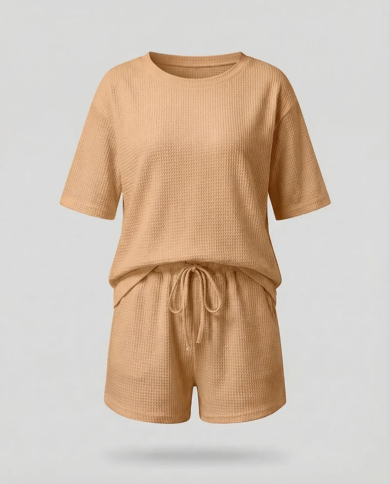 Damen Waffel-Zweiteiler-Set Tunnelzug-Shorts