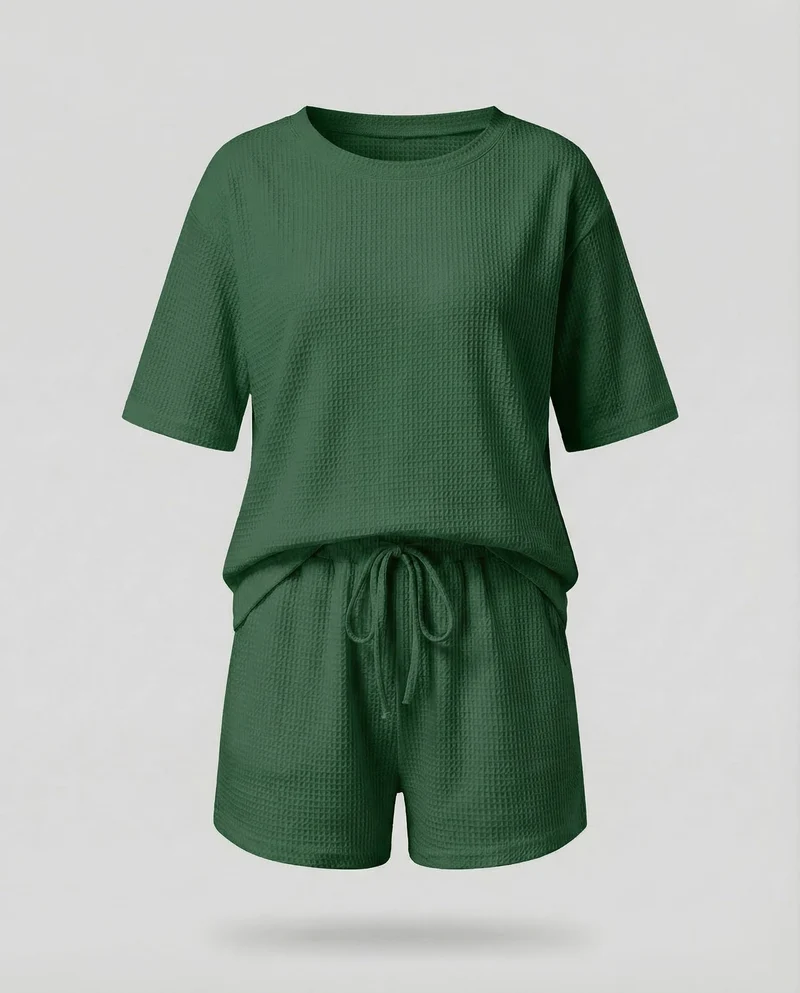 Damen Waffel-Zweiteiler-Set Tunnelzug-Shorts