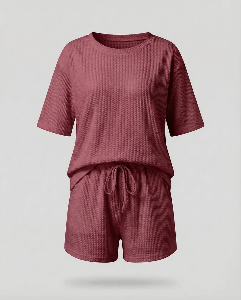 Damen Waffel-Zweiteiler-Set Tunnelzug-Shorts