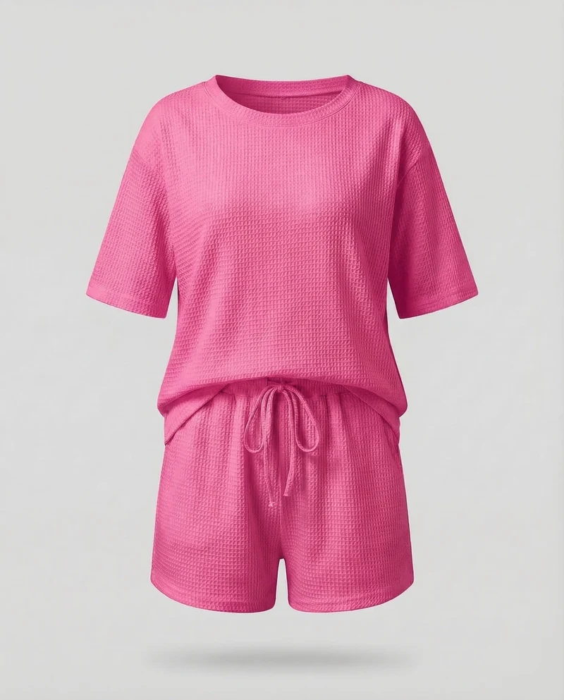 Damen Waffel-Zweiteiler-Set Tunnelzug-Shorts