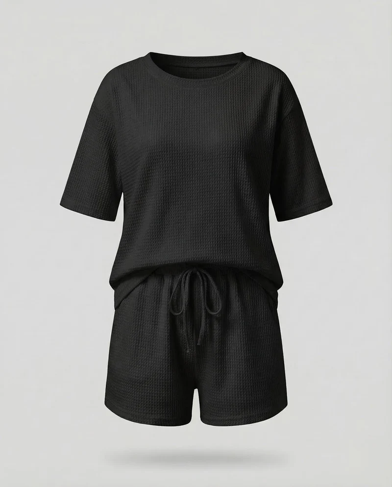 Damen Waffel-Zweiteiler-Set Tunnelzug-Shorts