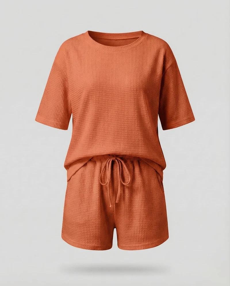 Damen Waffel-Zweiteiler-Set Tunnelzug-Shorts