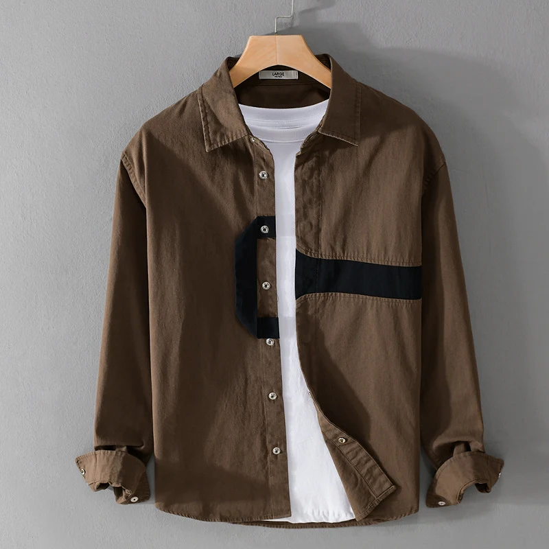 Herren Lässiges Overshirt-Hemd mit geometrischem Kontraststreifen und Druckknopf-Leiste Nord Taschen