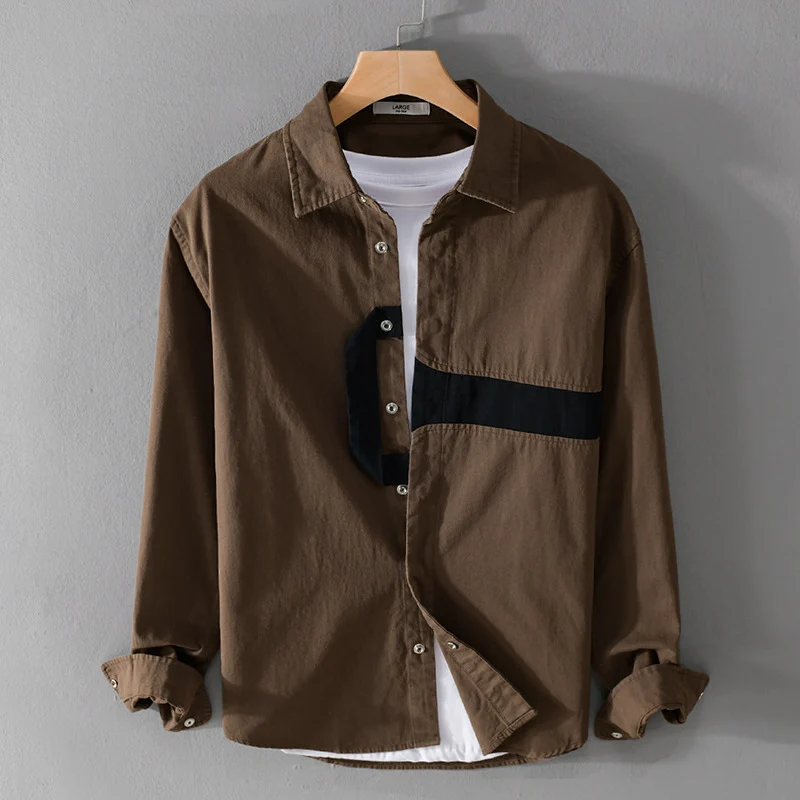 Herren Lässiges Overshirt-Hemd mit geometrischem Kontraststreifen und Druckknopf-Leiste Nord Taschen