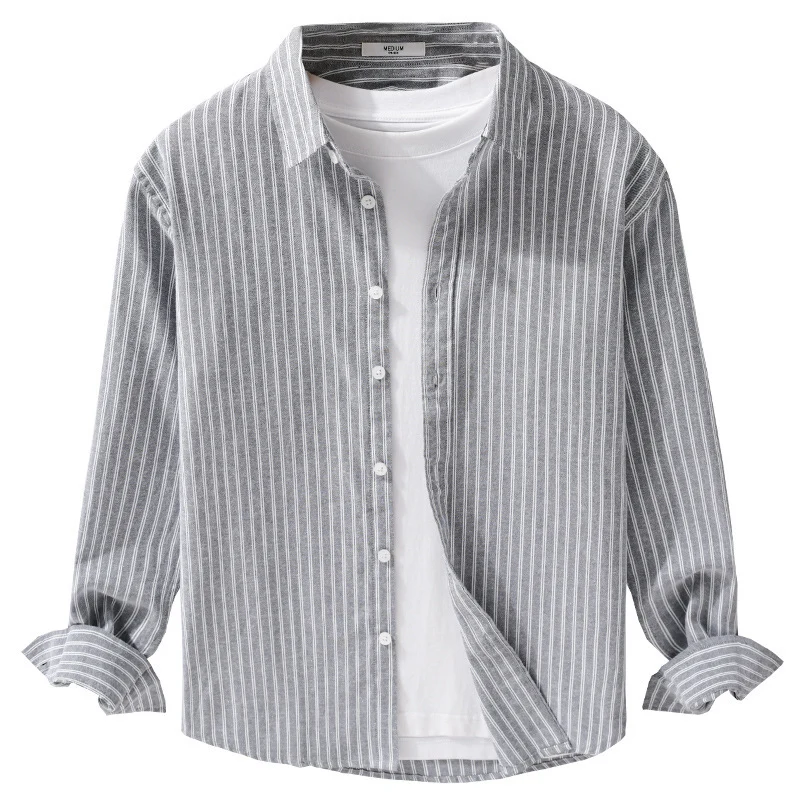 Herren Lässiges Leinen-Baumwoll-Langarmhemd mit feinem Nadelstreifen, Easy‑Care Finish und abgerundetem Saum Nord Taschen
