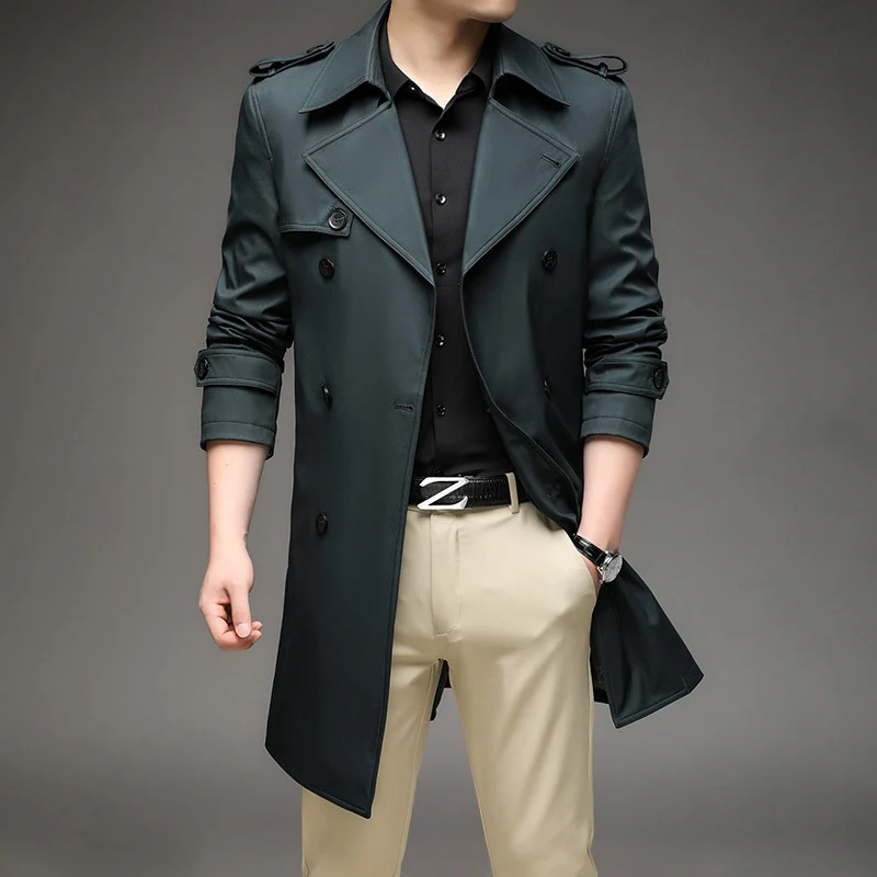 Herren Langer Slim-Fit Doppelreihiger Trenchcoat mit Epauletten und Taillengürtel Nord Taschen