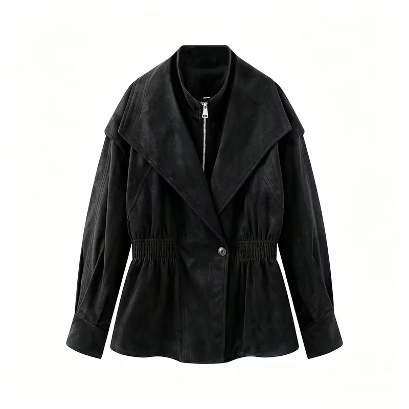 Damen Taillierte Jacke in Wildlederoptik mit großem Schalkragen, Reißverschluss und geraffter Taille Nord Taschen