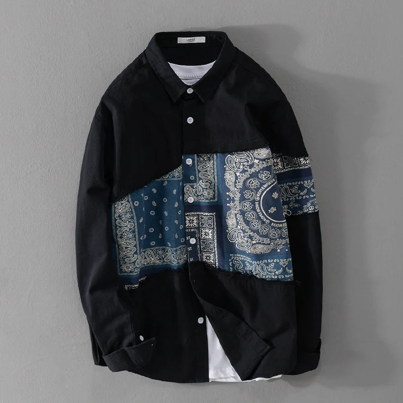 Herren Patchwork-Hemdjacke mit Bandana-Einsatz, rohen Kanten und weiter Passform Nord Taschen