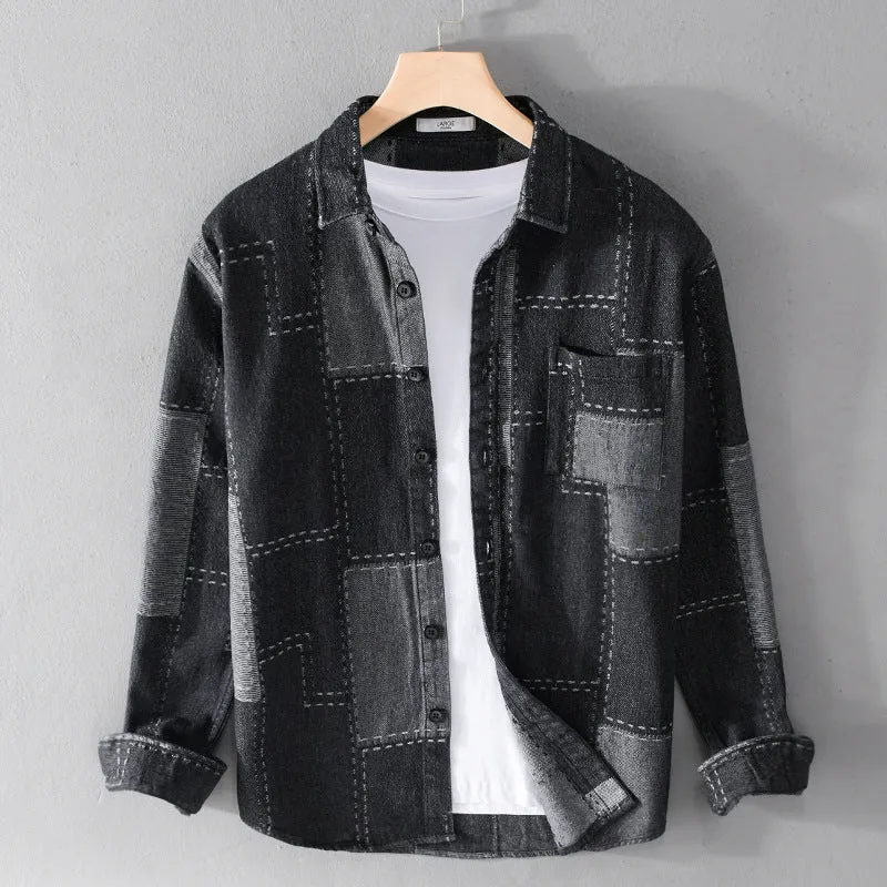 Herren Patchwork-Hemdjacke aus strukturiertem Denim mit sichtbarer Naht und Brusttasche Nord Taschen