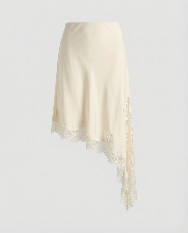 Damen Asymmetrischer Midirock Spitzenbordüre