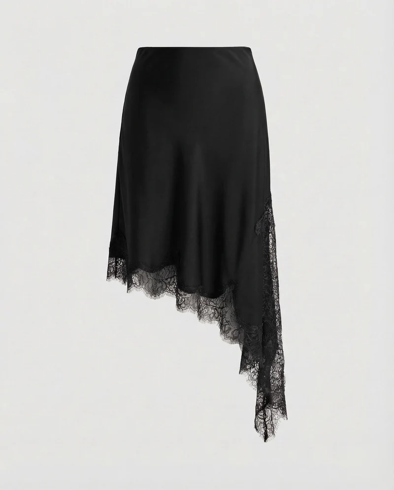 Damen Asymmetrischer Midirock Spitzenbordüre